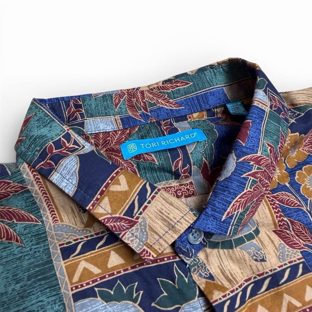 Tori Richard Shirt Mens 2XL Multi Color Cotton Lawn Sea Turtle Fish Patchwork